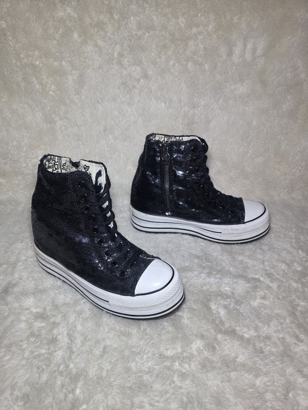 iiJin Black Sequin Hidden Wedge High Top Platform Sneakers Shoes EU 38 US 7.5-8
